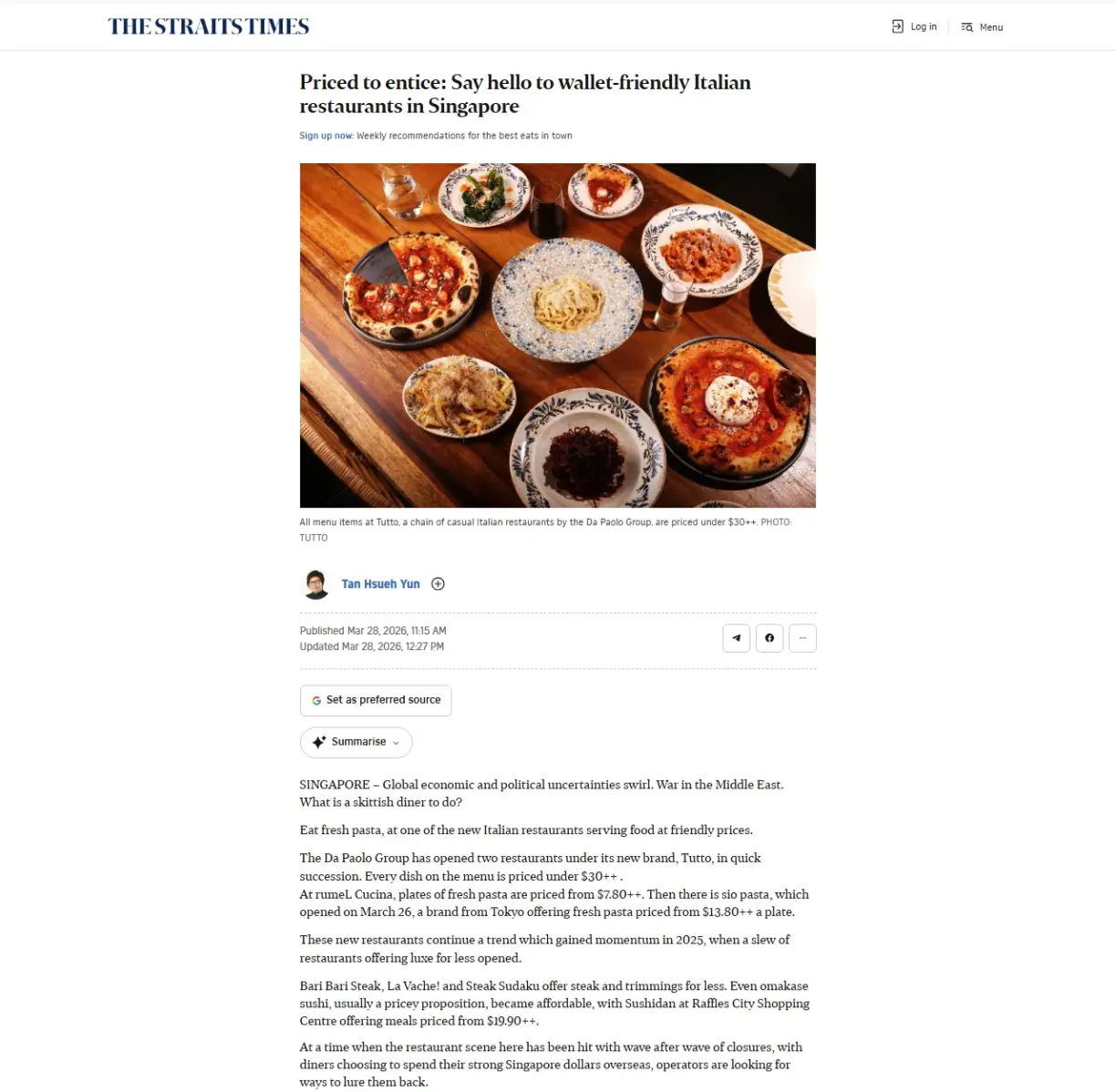 Wallet-friendly Italian restaurants in Singapore
